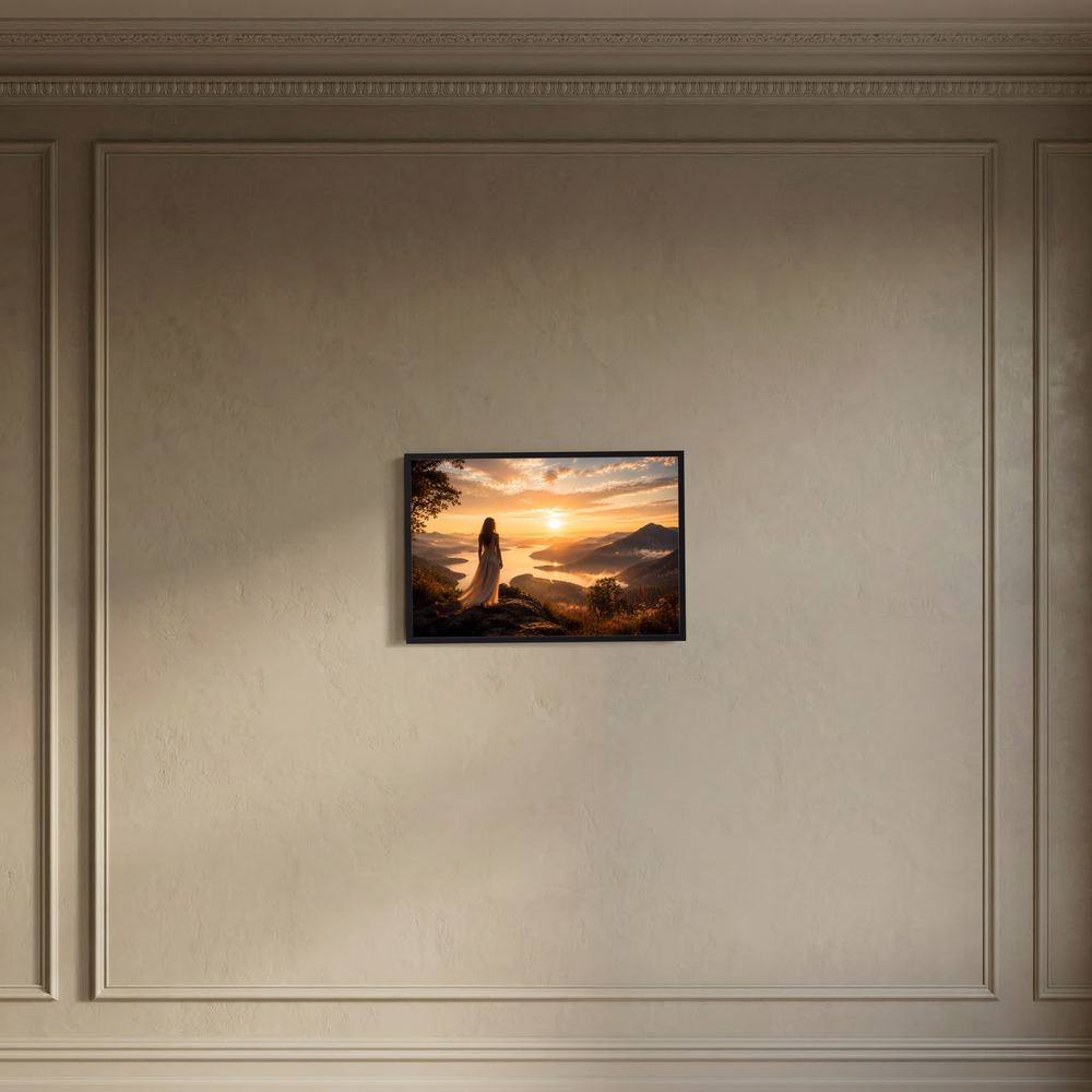 Wandposter im Querformat mit Frau am Felsen bei Sonnenuntergang über See und Bergen