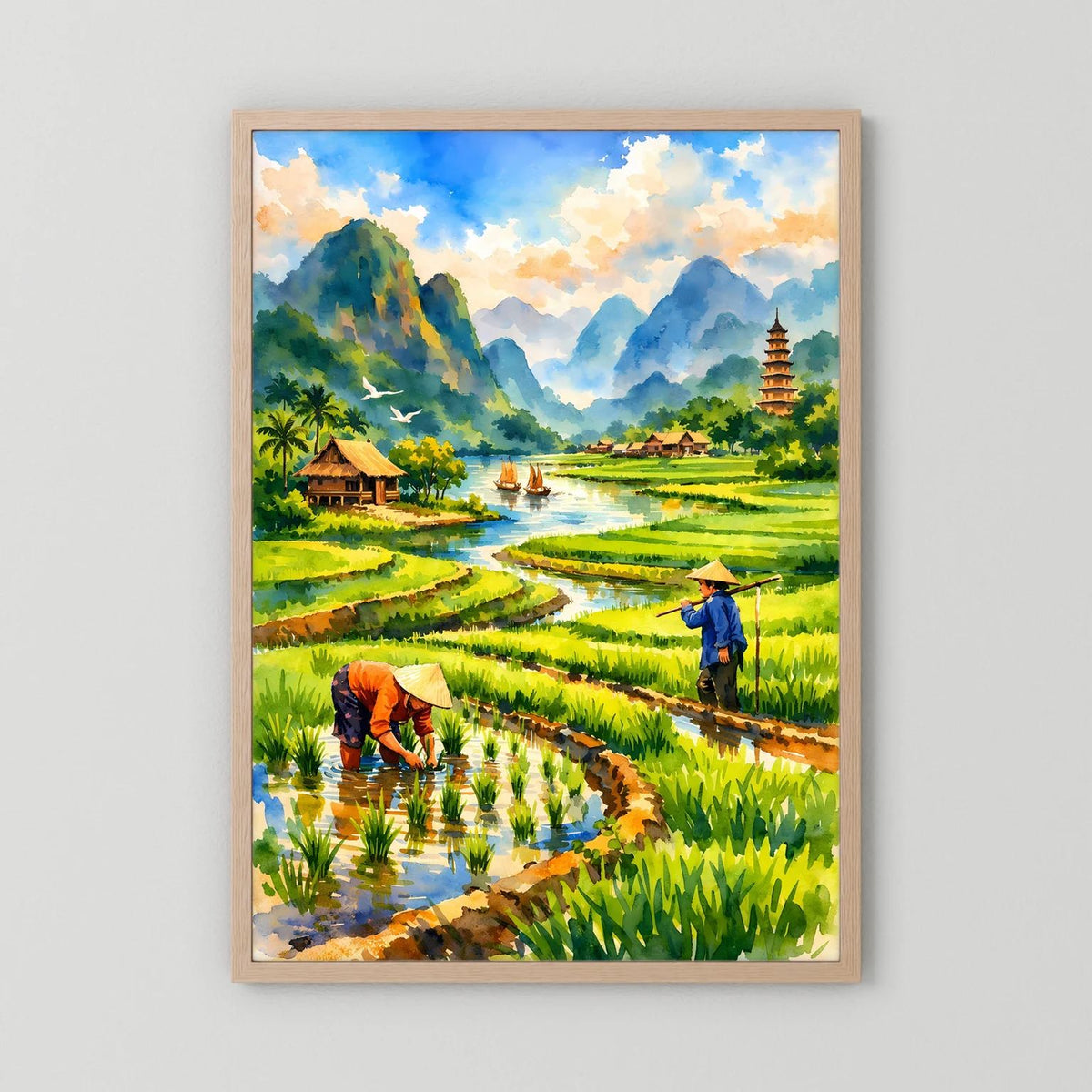 Hochformatiges Poster mit Reisfeldern, Pagode und Bauern am Bach, Holzrahmen (naturfarben)
