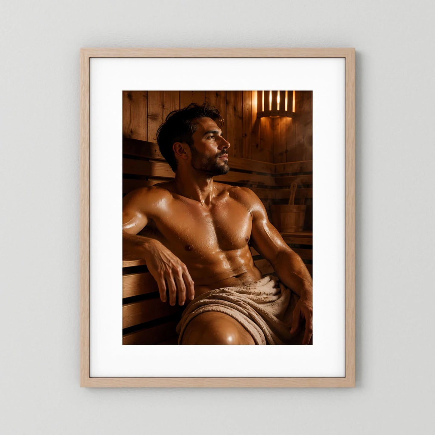 Sauna-Poster mit sitzendem Mann, hellbrauner Holzrahmen mit weißem Passepartout