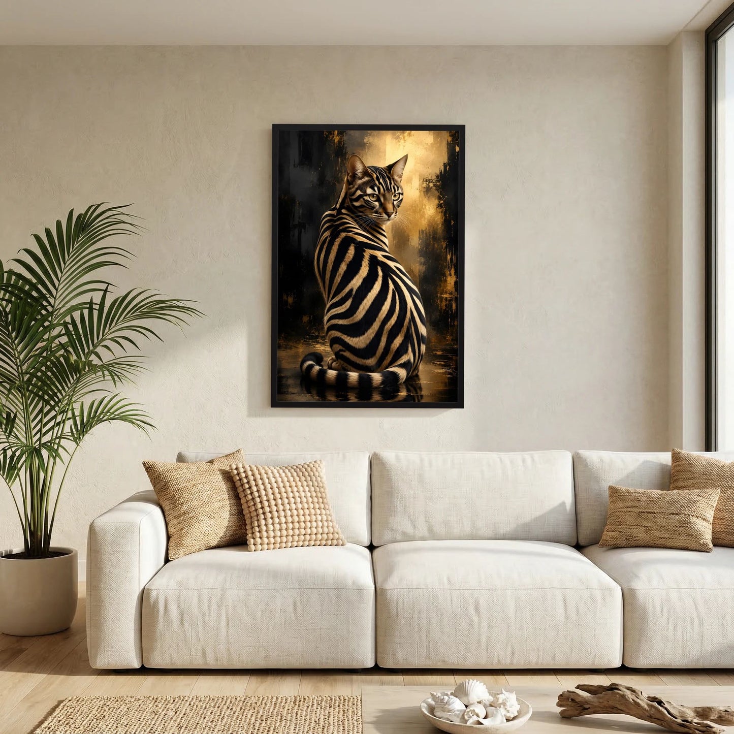 Poster Zebra-Katze mit goldenen Reflexen, im schwarzen Rahmen