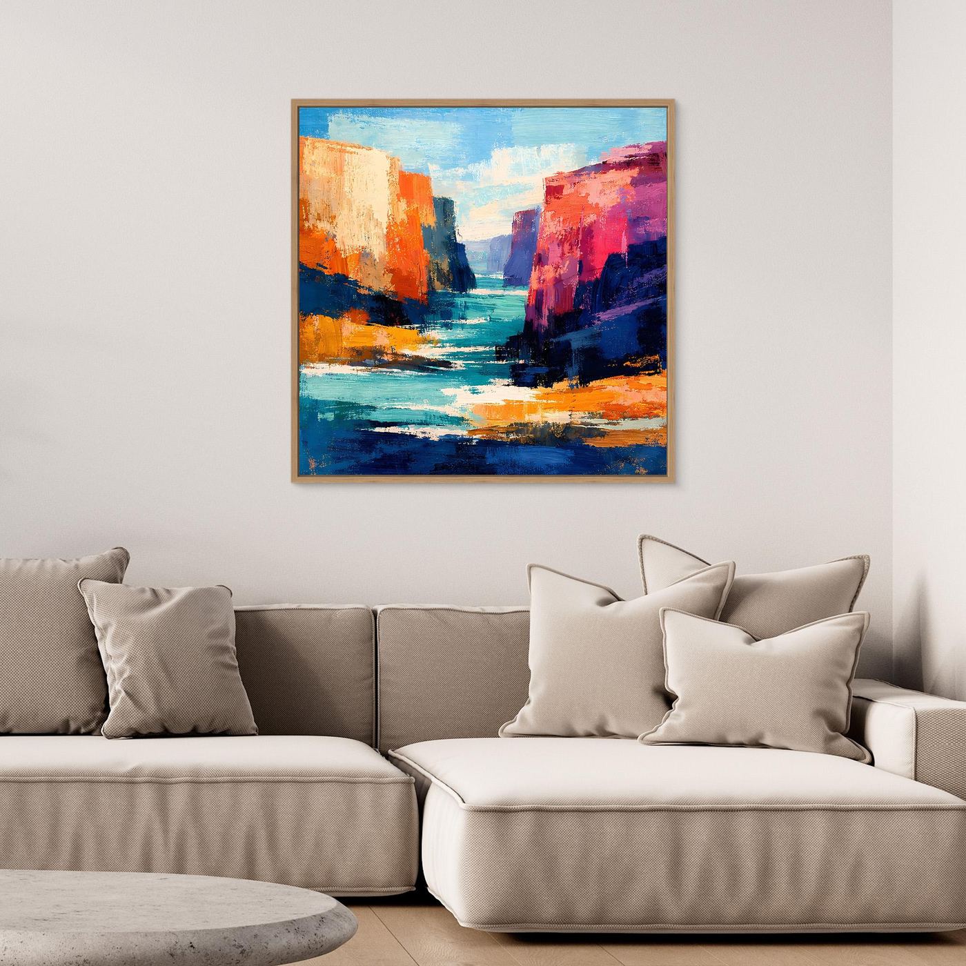 Gerahmtes abstraktes Leinwand-Wandbild mit Canyon- und Flussmotiv in Blau und Rottönen