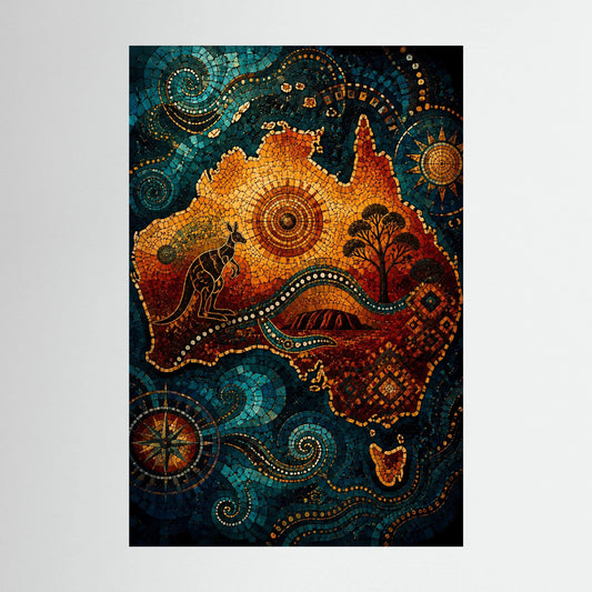 Hochformat-Poster mit Känguru-Mosaik in Blau, Orange und Braun, mit dunklem Rand