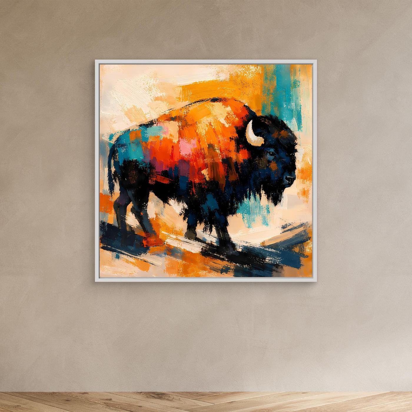 Silver-framed modern abstract bison wall art with orange and teal paint splashes