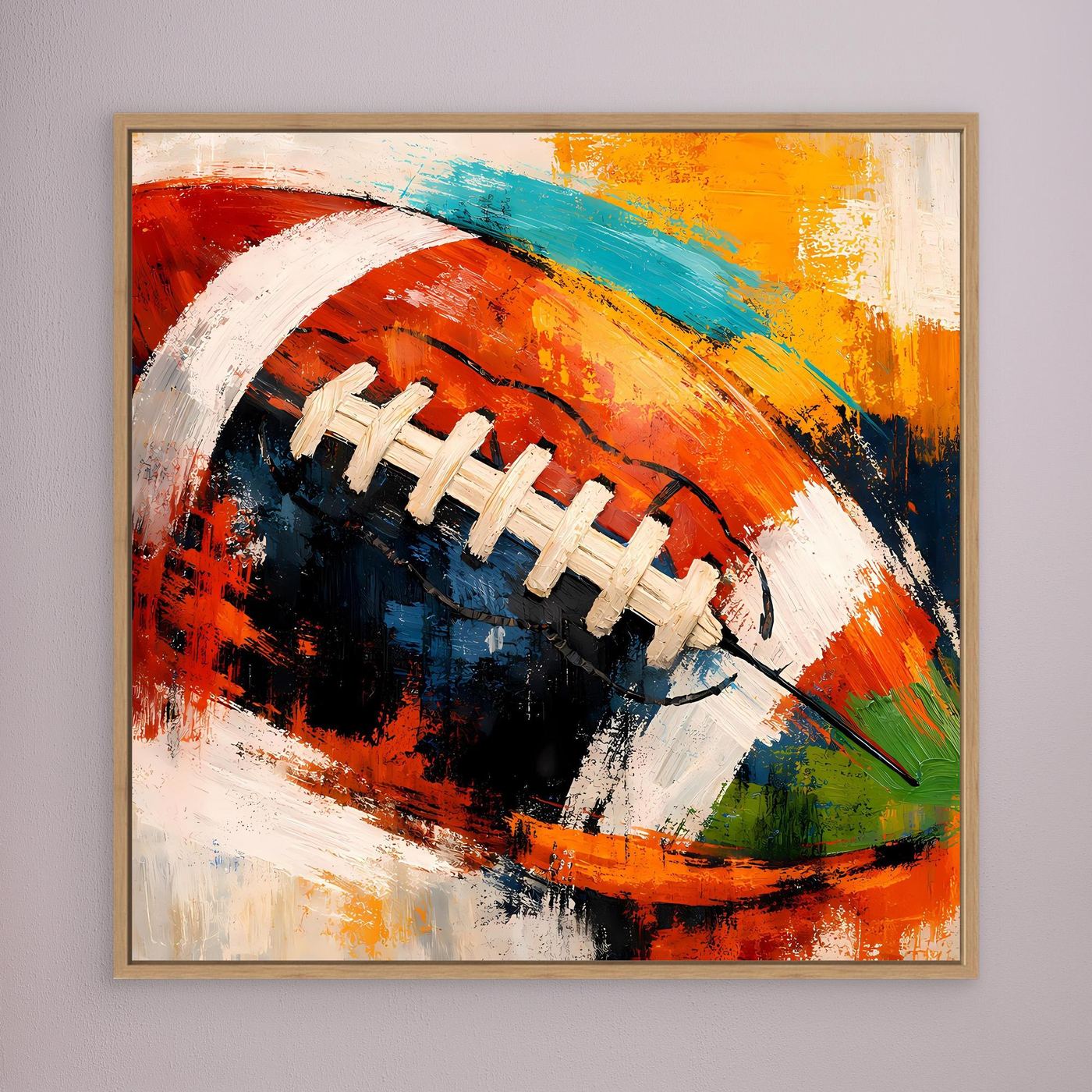 Leinwandbild mit abstraktem American-Football-Motiv, brauner Holzrahmen