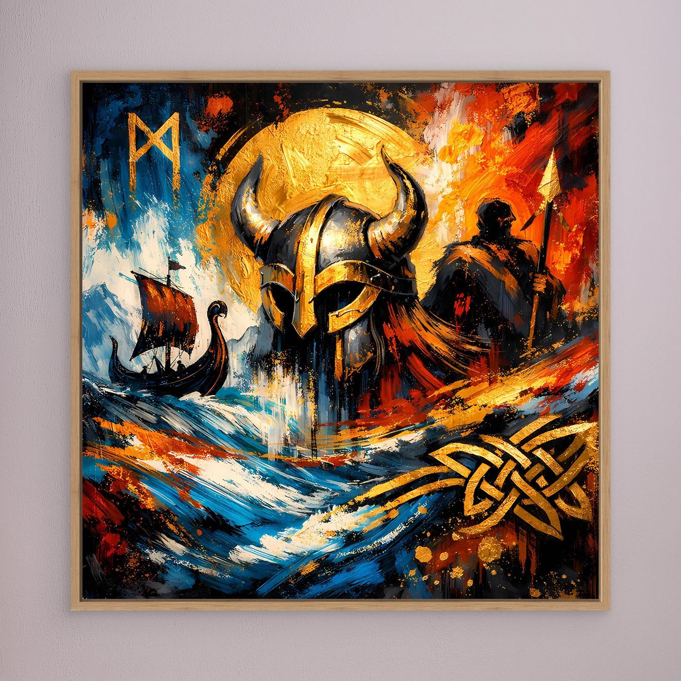 Leinwandbild mit Wikingerhelm-Motiv im abstrakten Mythologie-Stil, hellbraun gerahmt