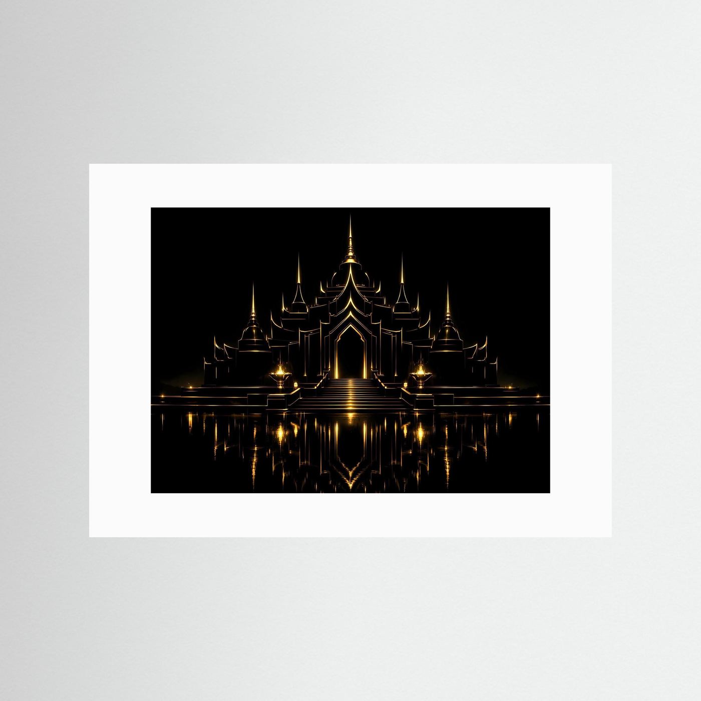 Poster mit goldener Tempelarchitektur, schwarzem Hintergrund, Spiegelbild, weißer Rahmen.