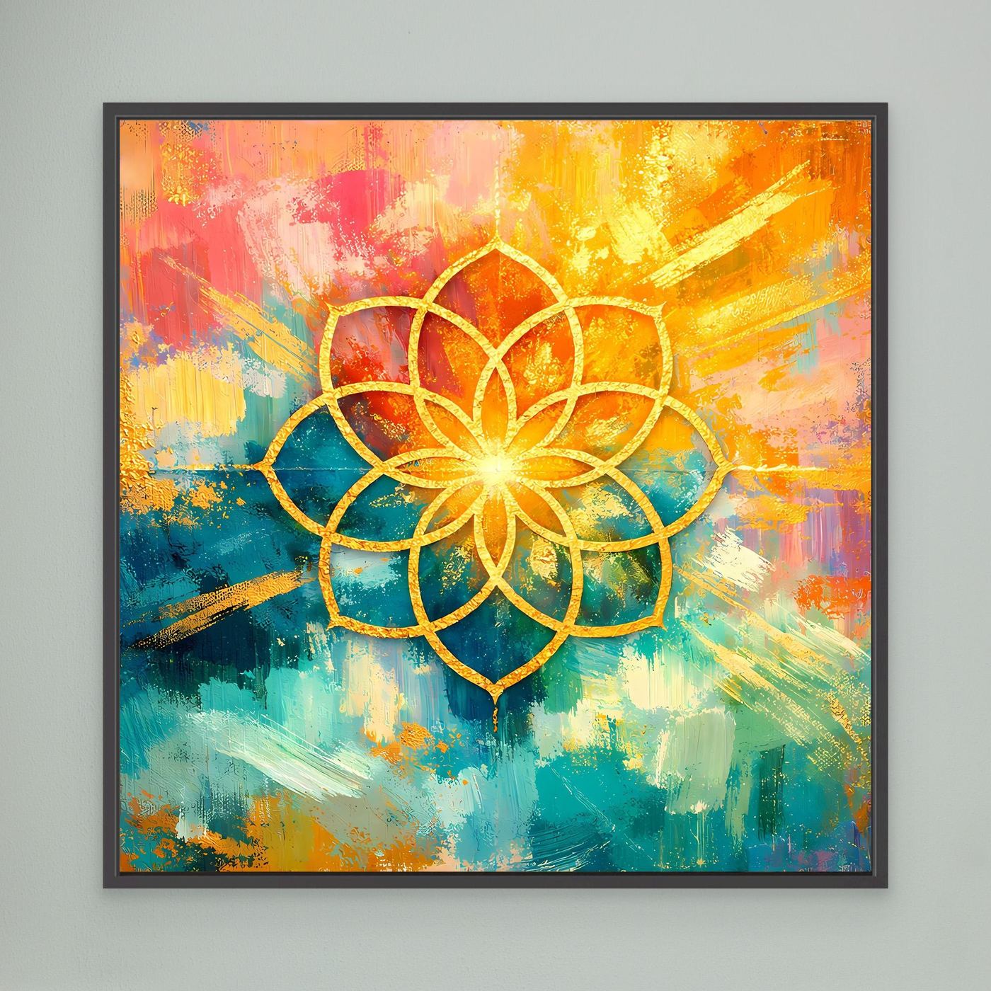 Leinwandbild Blume des Lebens: goldenes Mandala auf buntem Farbgrund, schwarzer Rahmen