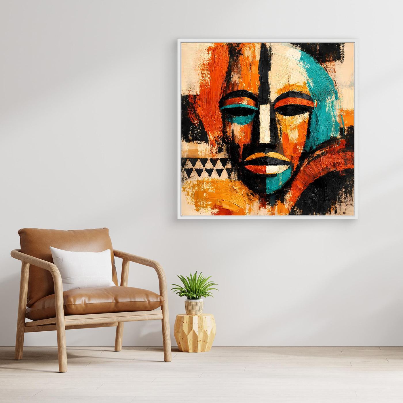Framed abstract mask wall art with teal face, red-orange accents, beige base, and black