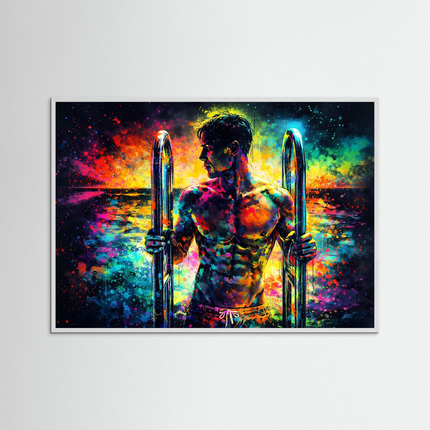 Neonkunst-Poster im Querformat mit Figur und zwei leuchtenden Stäben, Holzrahmen