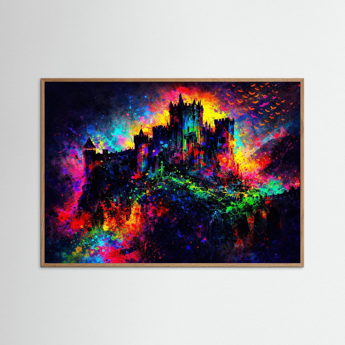 Mystisches Buntes Schloss bei Nacht | Fantasy Burg Wandbild & Kunst Poster Querformat