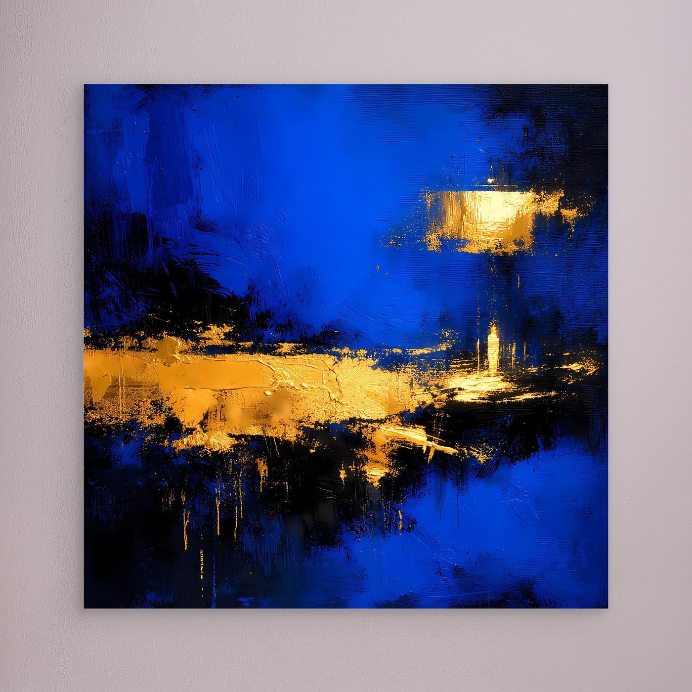 Leinwand Abstrakte Meereslandschaft bei Nacht | Modernes Küsten Wandbild in Blau und Gold