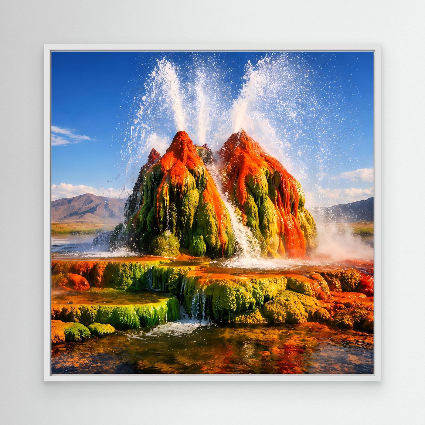 Leinwandbild mit Geysir-Motiv und weißem Rahmen, Wasser fontänen über Felsen
