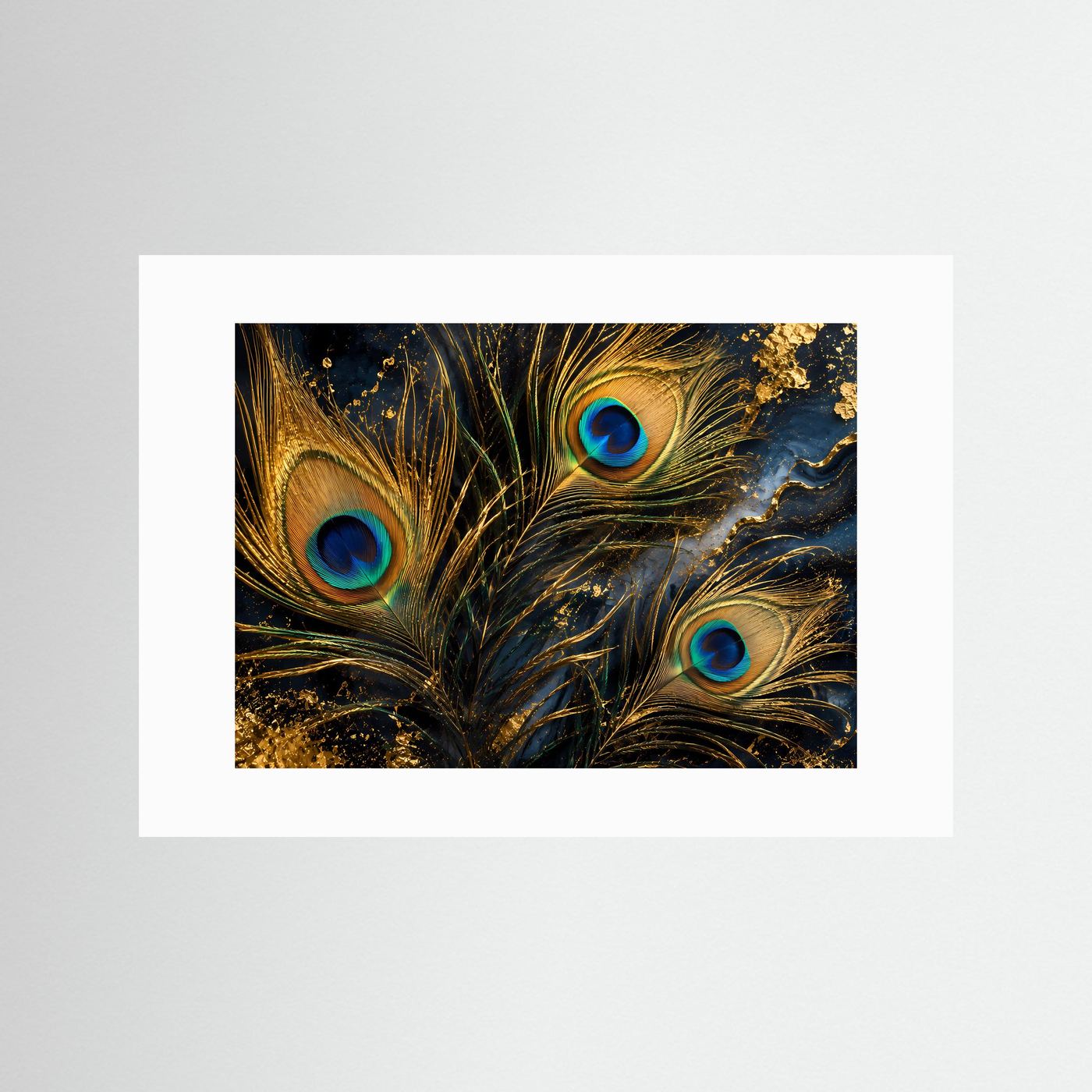 Wandbild mit Pfauenfeder-Motiv, blaue Augen und Gold-Details, mit weißem Rand