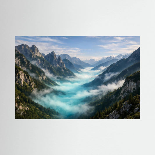 Querformatiges Wandbild mit Alpenlandschaft, dichtem Nebel und Bergen in Blau- und Grüntönen