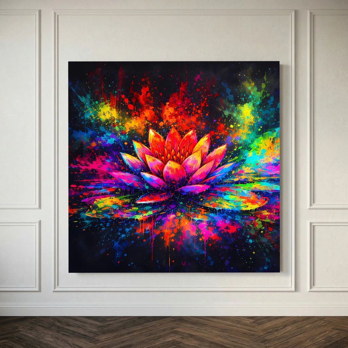 Abstraktes Leinwandbild mit farbenfroher Lotusblüte auf Keilrahmen, quadratisch.