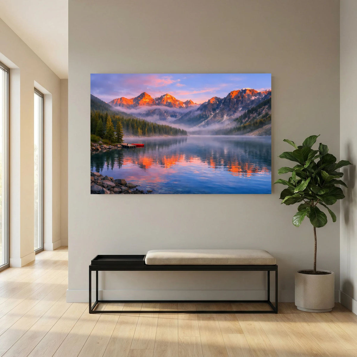 Wandbild im Querformat: Bergsee bei Dämmerung, Nebel über Wasser und leuchtende Gipfel im Gegenlicht.