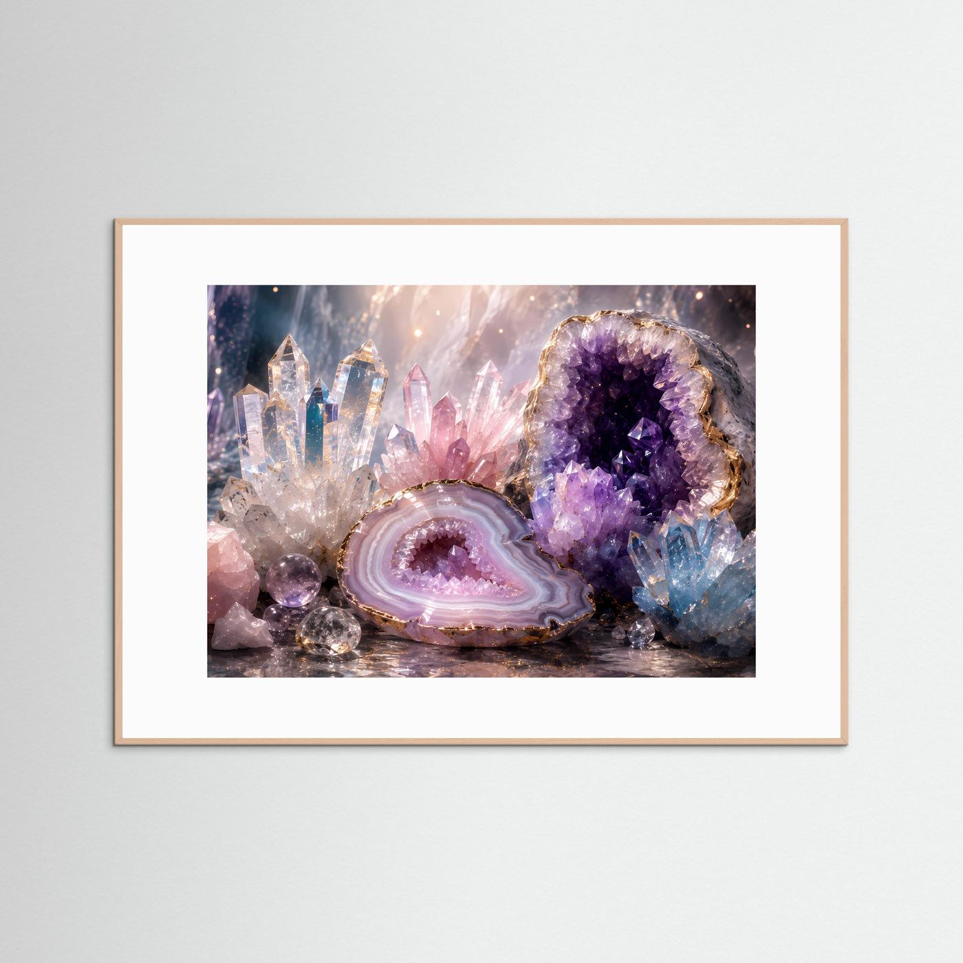 Kristalle & Geoden Poster | Amethyst, Rosenquarz & Bergkristall Wandbild | Luxuriöse Edelstein Kunst | Premium Leinwand & Wall Art