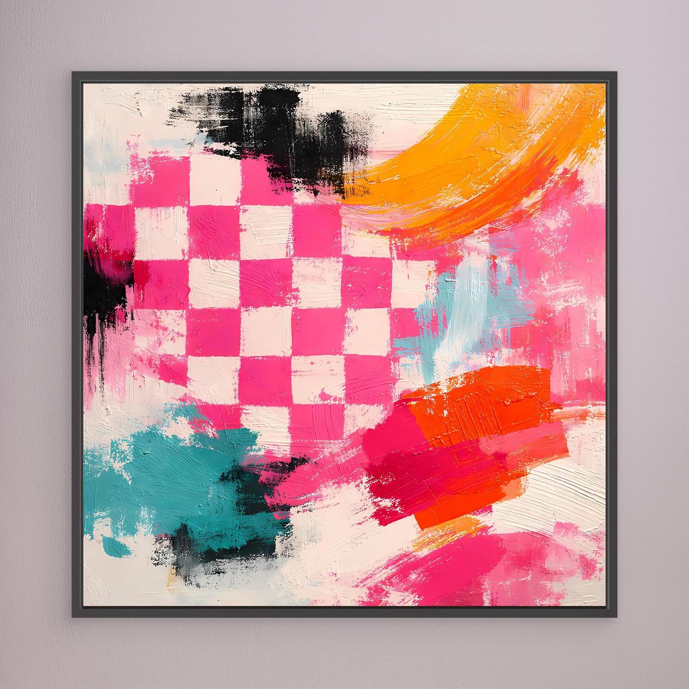 Abstraktes Leinwand-Wandbild mit Schachbrettmuster, pink-gelb-grün, schwarz gerahmt.