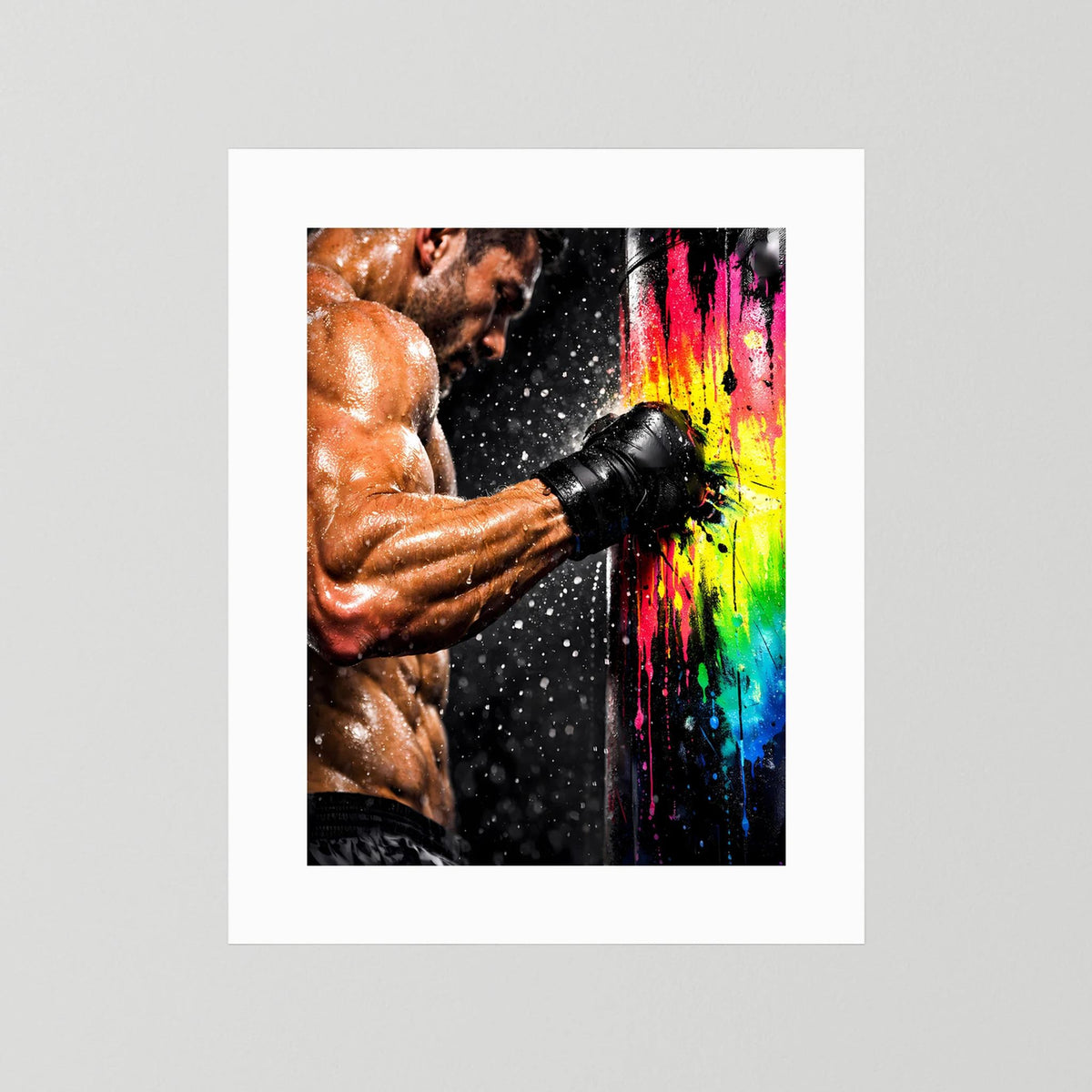 Hochformat-Poster ohne Rahmen: Foto mit weißem Passepartout, Boxer und Farbspritzer