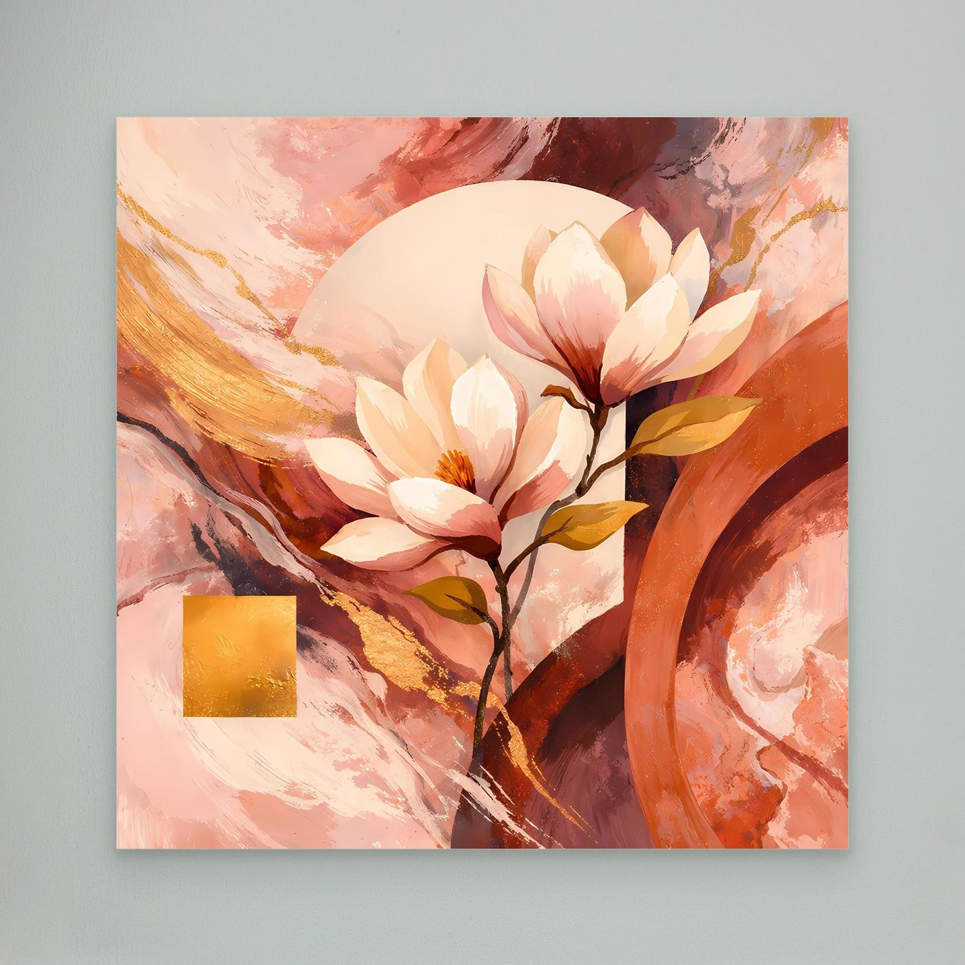 Leinwandbild mit Magnolienblüten und abstrakten Bögen in Rosa, Orange und Gold