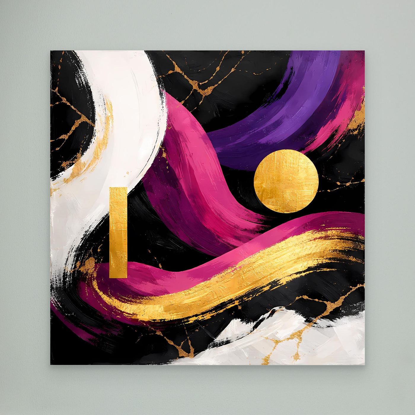 Abstraktes Leinwandbild ohne Rahmen: magenta-lila Pinselstriche, goldener Kreis, schwarze und weiße Flächen.