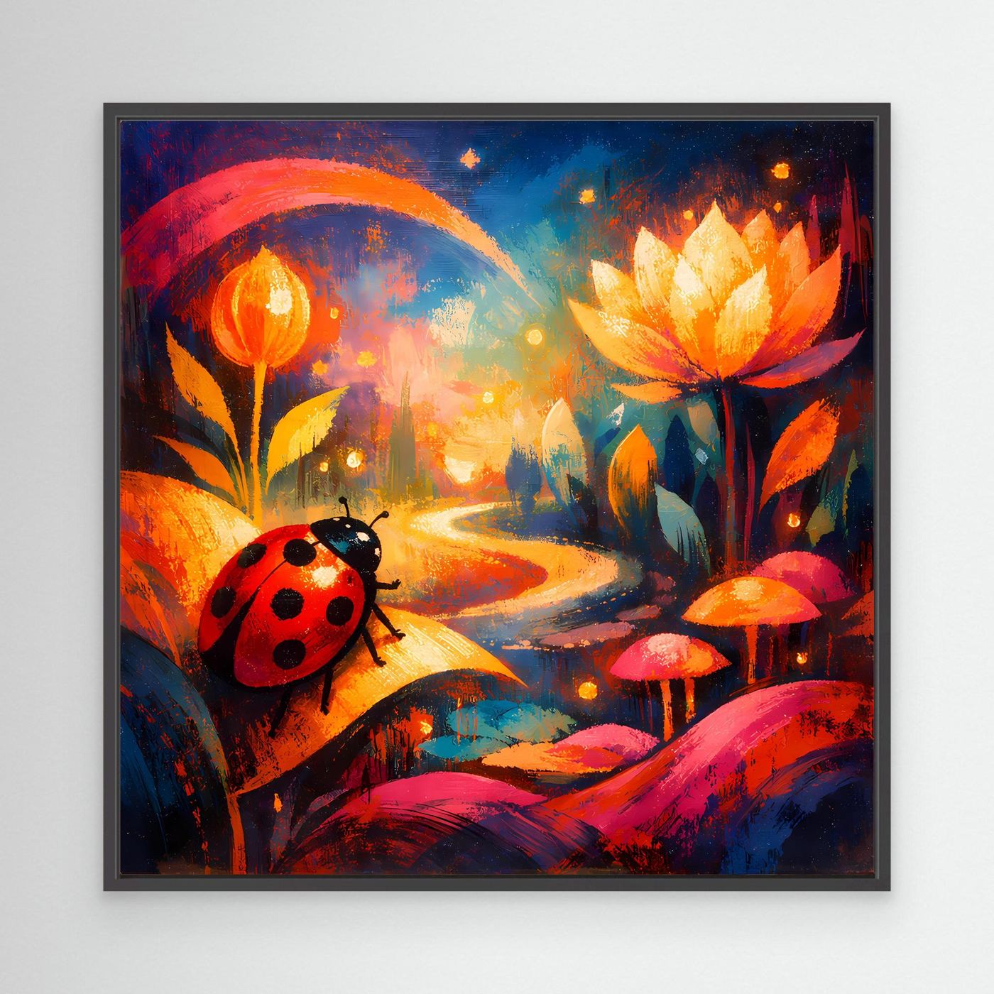 Leinwand-Wandbild mit Marienkäfer auf buntem Pfad und leuchtender Lotusblüte im schwarzen Rahmen