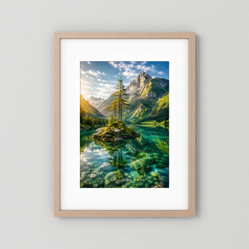 Hochformatiges Poster im hellen Holzrahmen mit Passepartout: Bauminsel im Bergsee.