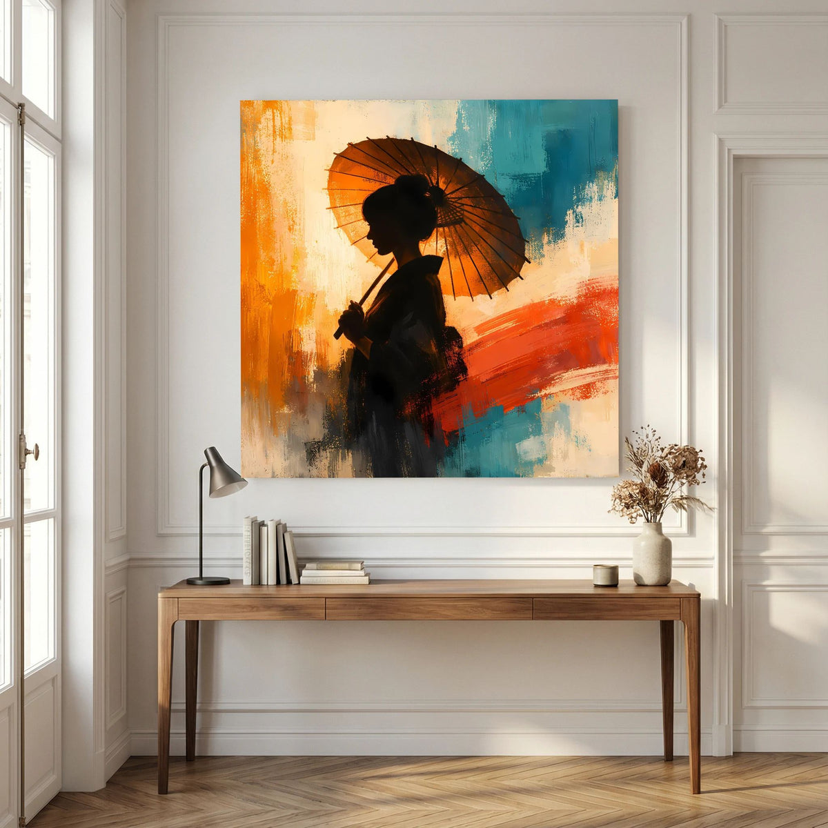 Leinwand-Wandbild auf Keilrahmen: Silhouette einer Frau mit schwarzem Sonnenschirm