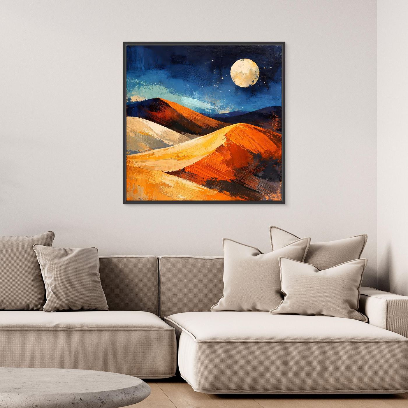 Square wall art with sweeping orange dunes, dark hills, and a bright moon