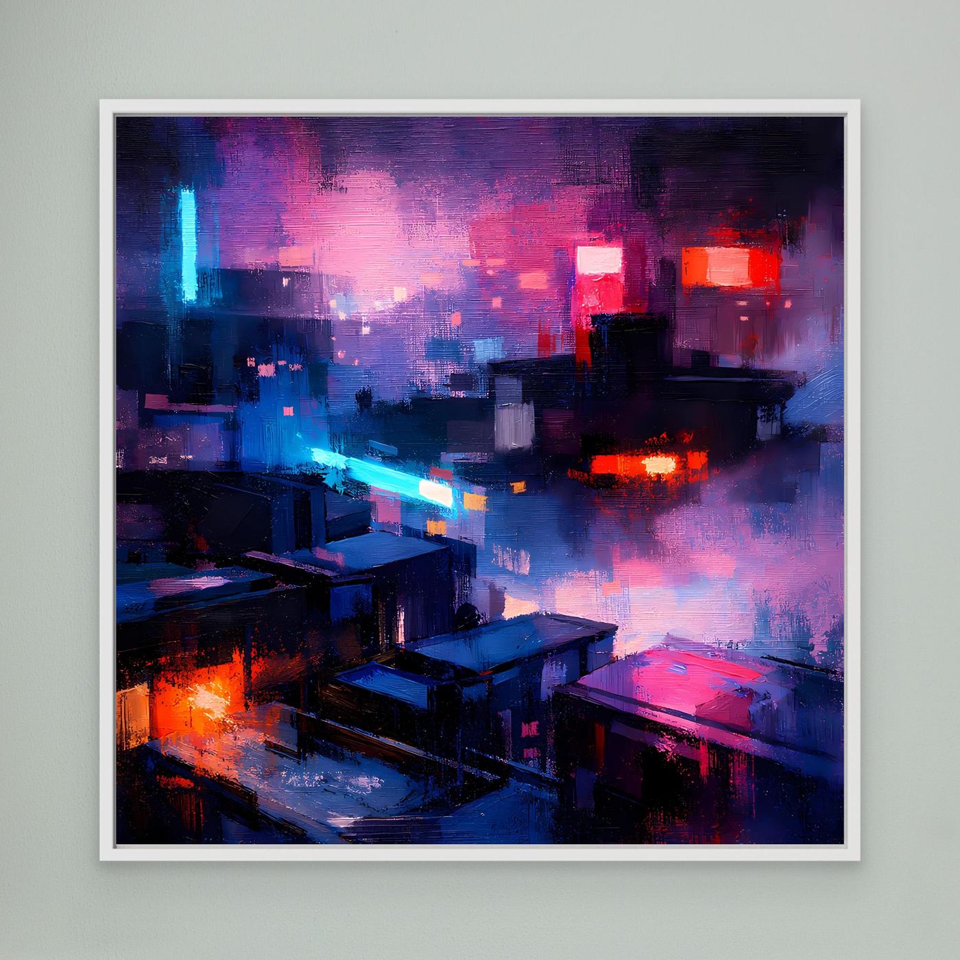 Leinwand Cyberpunk City bei Nacht | Modernes Neon-Dystopie Wandbild auf echter Leinwand