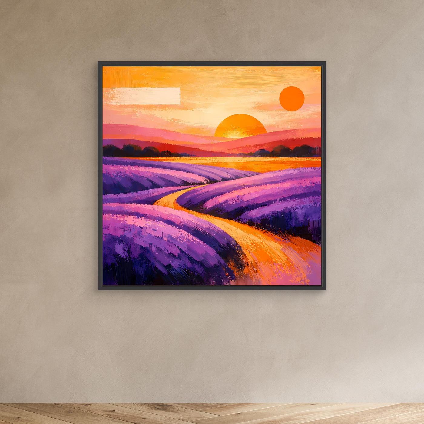 Leinwandbild mit abstraktem Lavendelfeld, Provence-Landschaft, schwarzer Rahmen, Lila und Orange