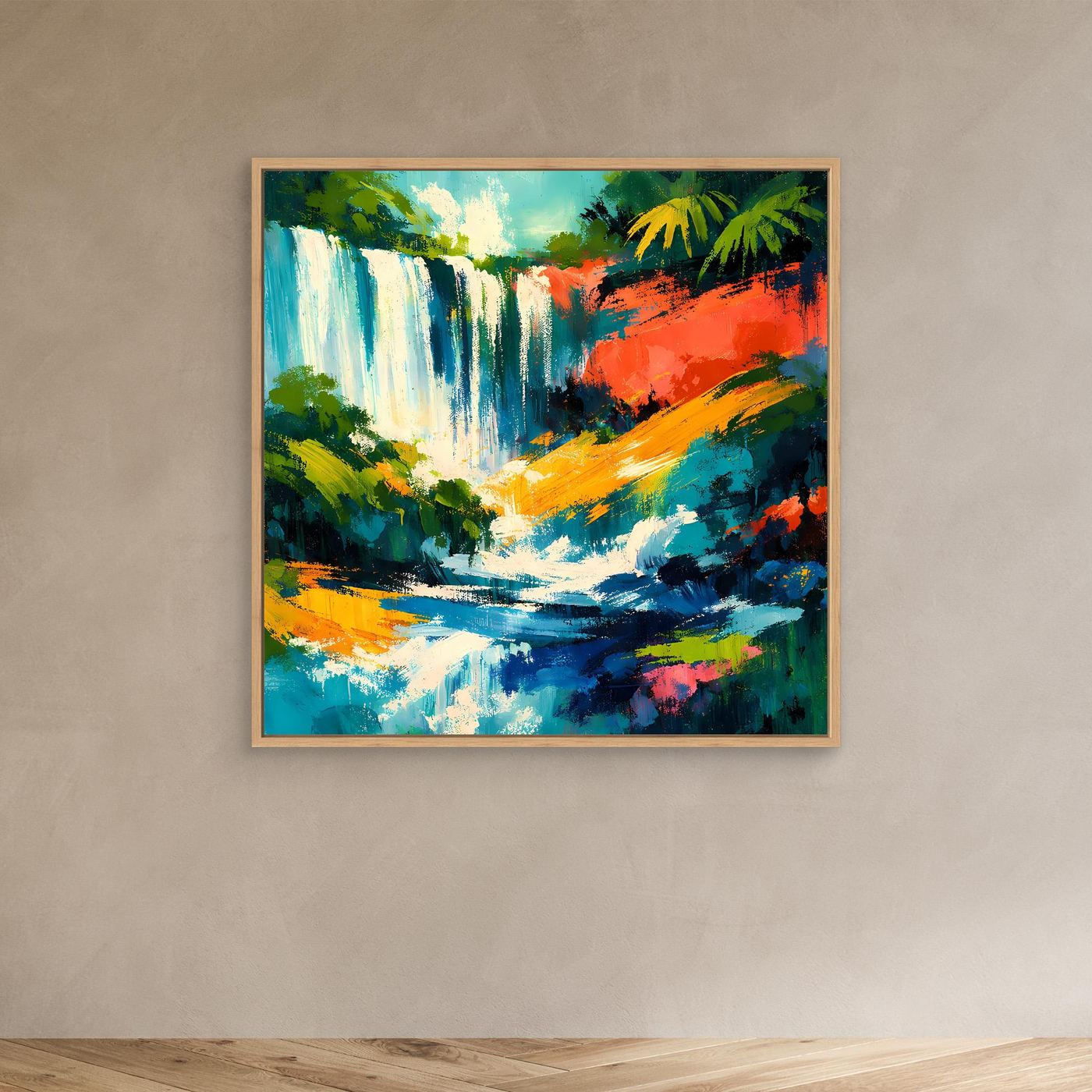 Abstraktes Leinwandbild mit tropischem Wasserfall, Eichenholzrahmen