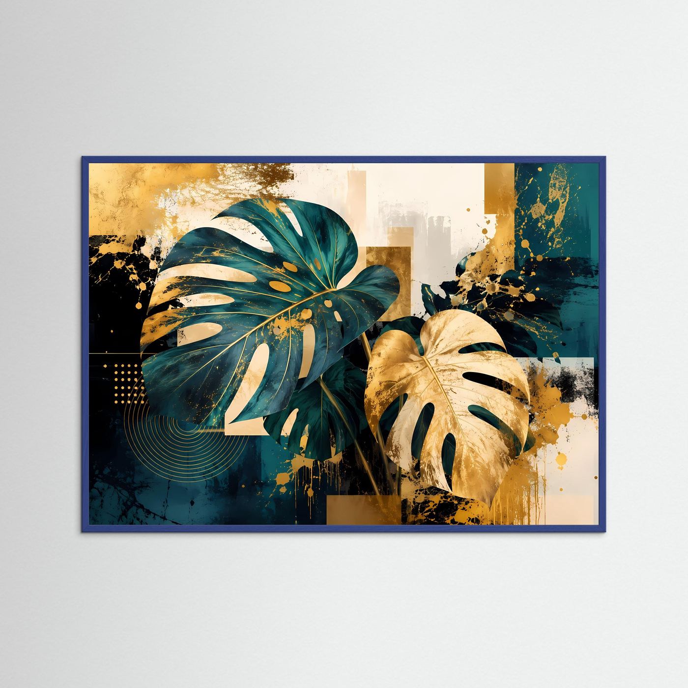 Goldene Monstera-Blätter in Petrol & Ocker | Modernes Abstract-Art Poster Querformat