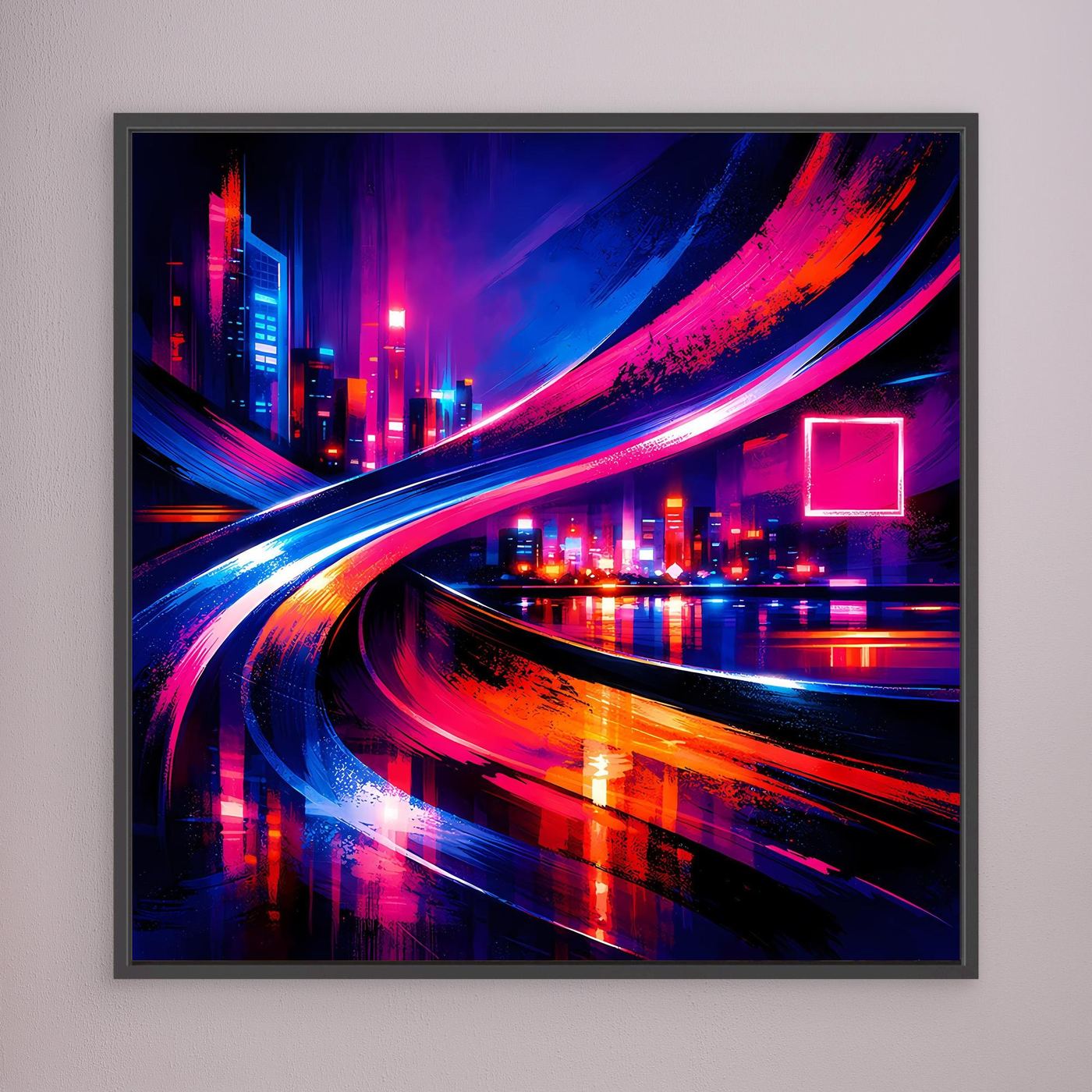 Gerahmtes Leinwandbild mit Neon-Stadt und farbigen Fahrspuren, schwarzer Rahmen