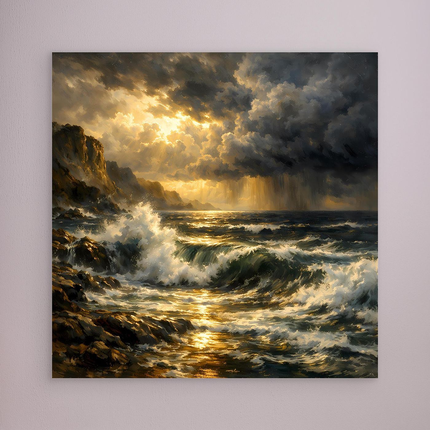 Leinwandbild stürmisches Meer mit goldenem Sonnenlicht und Wolken, ohne sichtbaren Rahmen