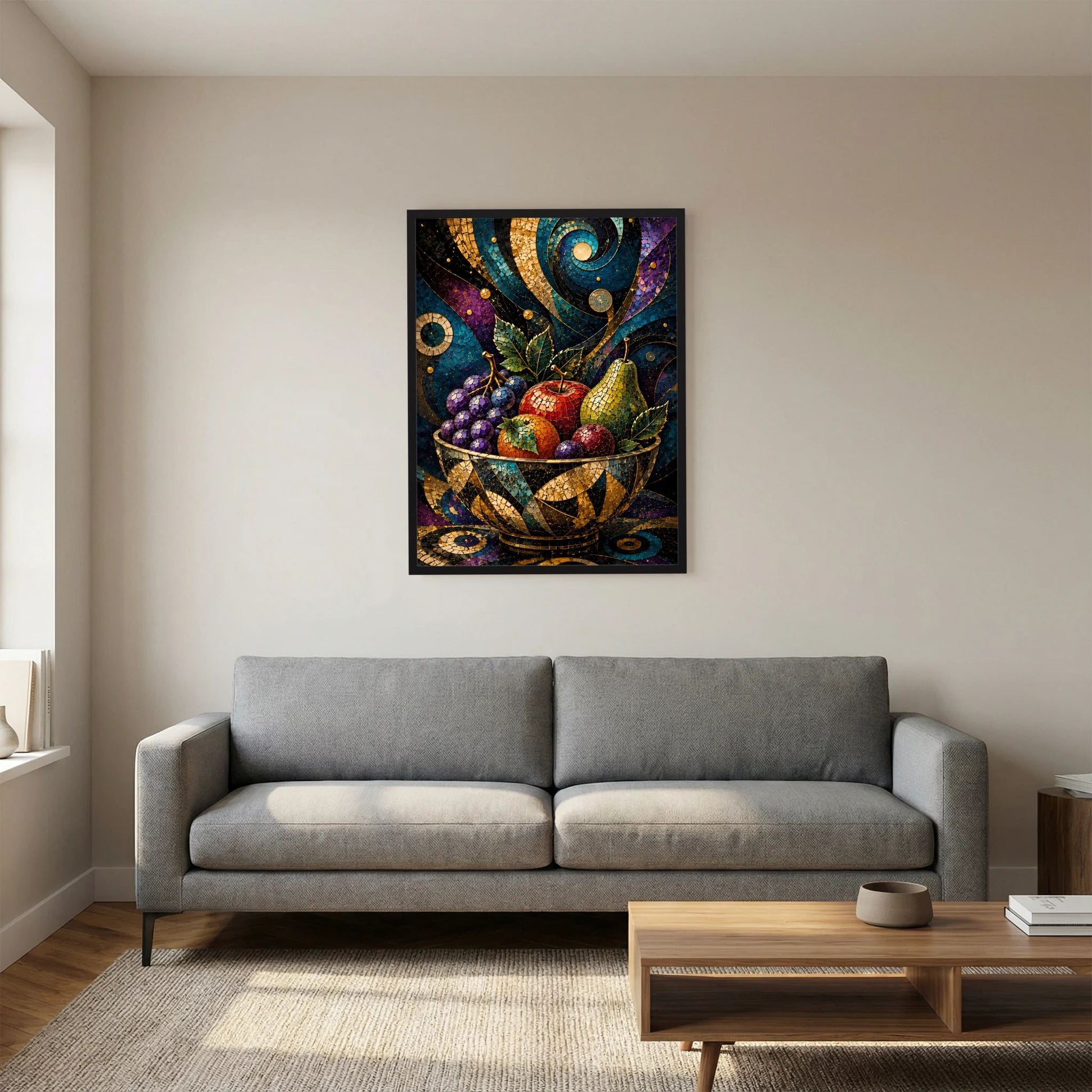 Hochformat-Poster mit Mosaik-Obstschale und goldenen Ornamenten, schwarze Umrandung