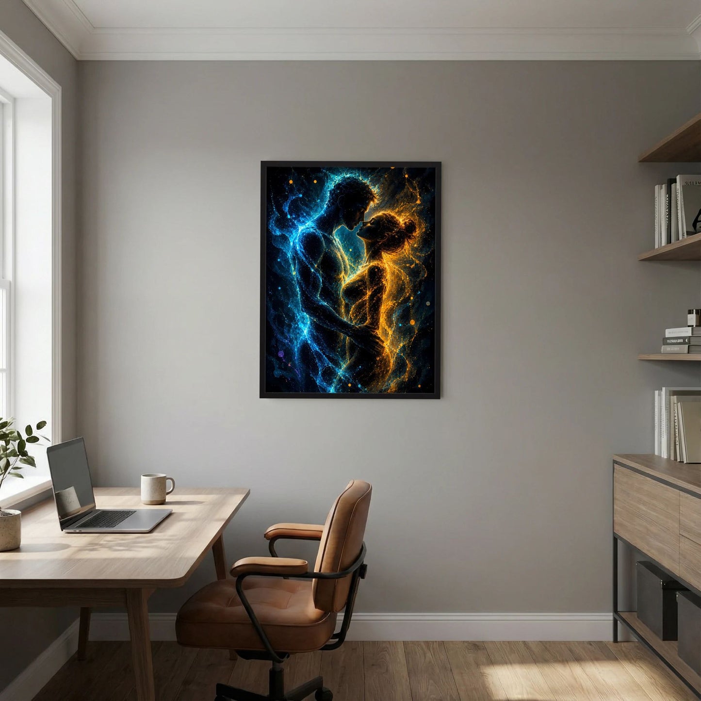 Quadratisches Poster mit schwarzem Rahmen, abstrakte Silhouetten in Blau und Gold