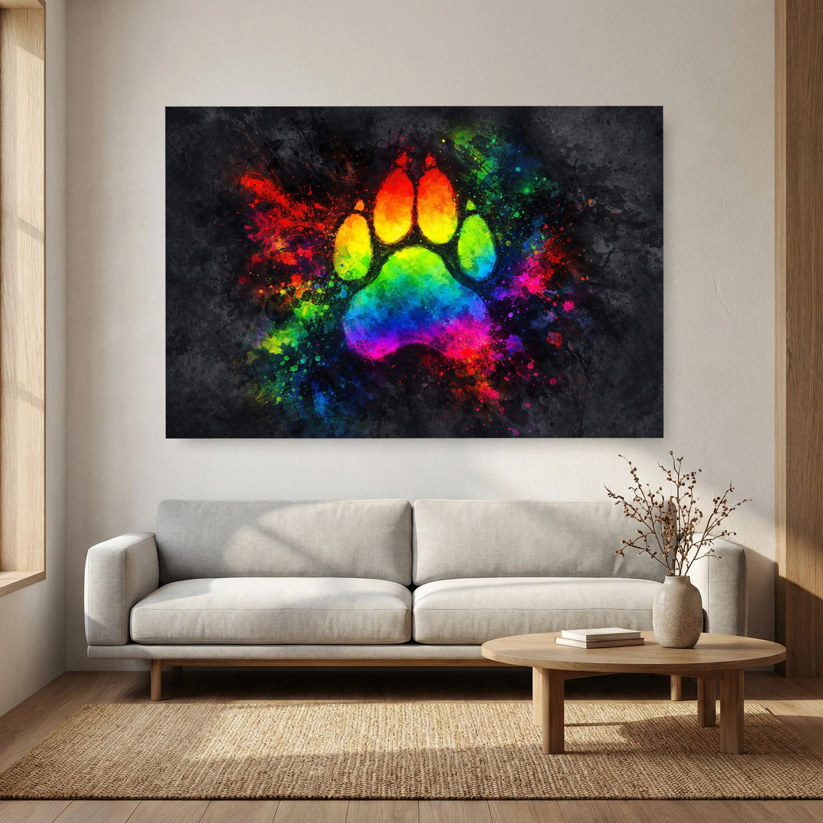 Wandbild mit leuchtendem Pfotenabdruck in Regenbogenfarben, Querformat, dunkler Rahmen