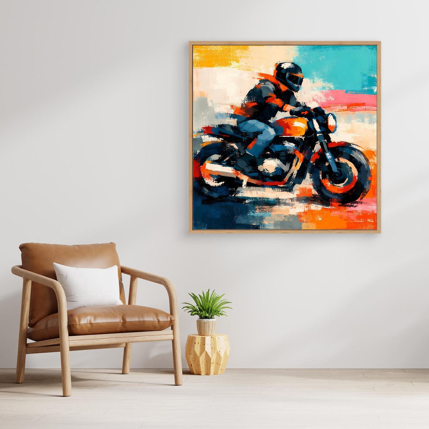 Framed abstract motorcycle painting with dark rider, orange highlights, and teal sky tones