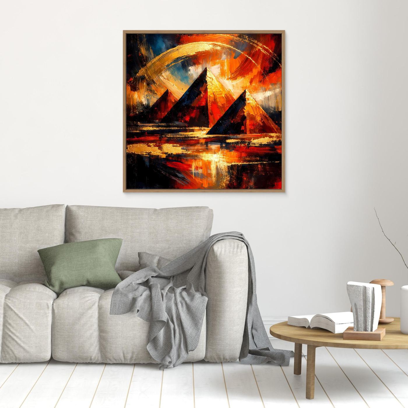 Leinwandbild mit abstrakten Pyramiden, goldene Bögen und rote/orange Farbflächen, brauner Rahmen