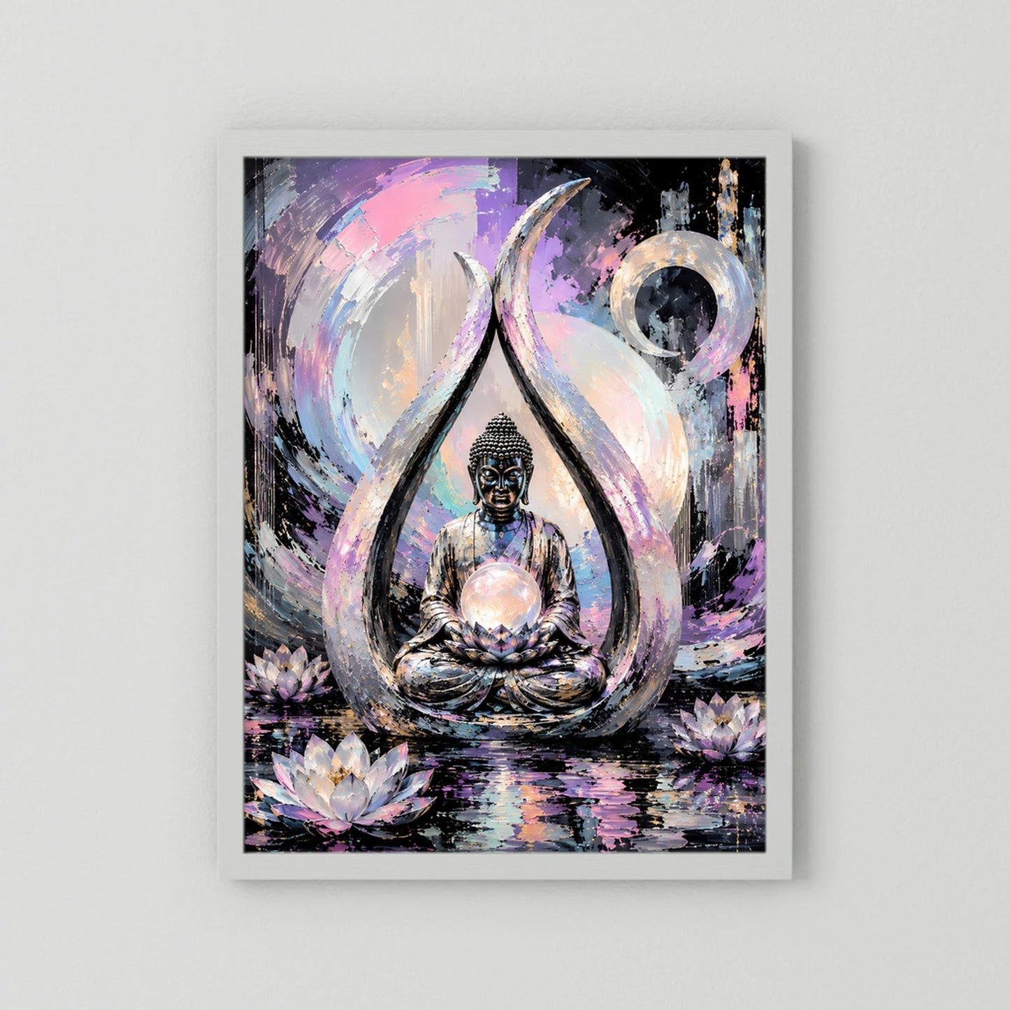 Kunstposter im Hochformat mit Buddha im Lotus im Kreis, Pastellfarben, ohne Rahmen