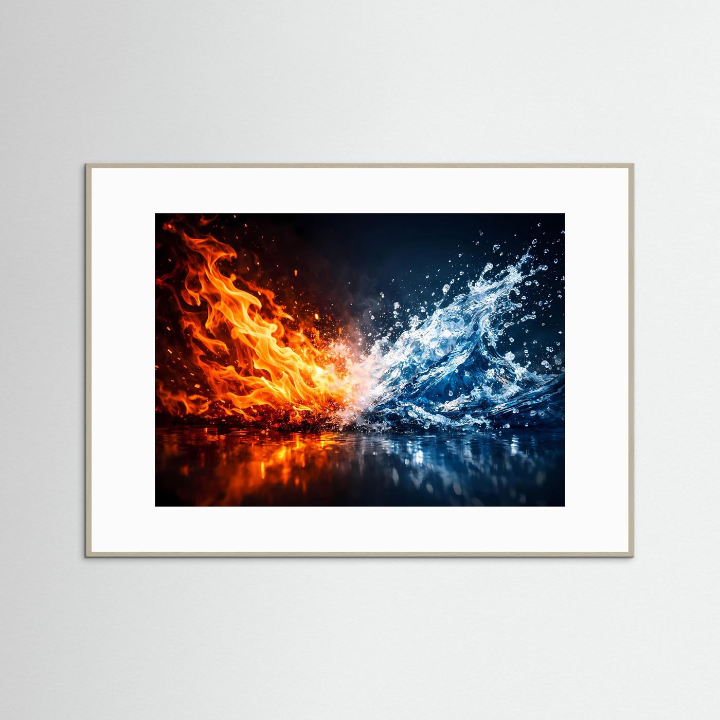 Abstraktes Kunstposter querformatig mit Feuer und Wasser, orange/blau, weißes Passepartout, braun gerahmt