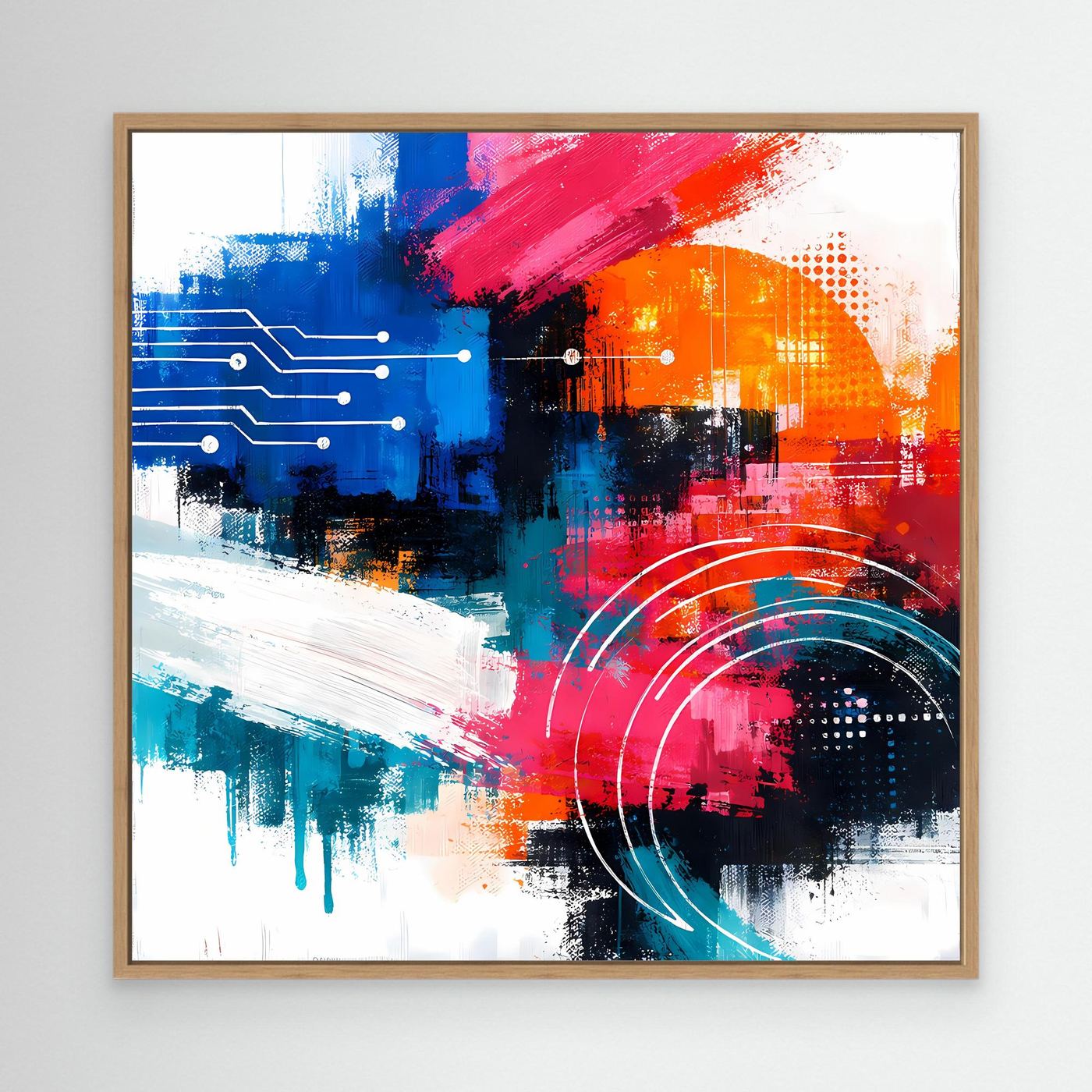 Abstract cyber wall art print in oak frame, colorful geometric blocks and arc lines