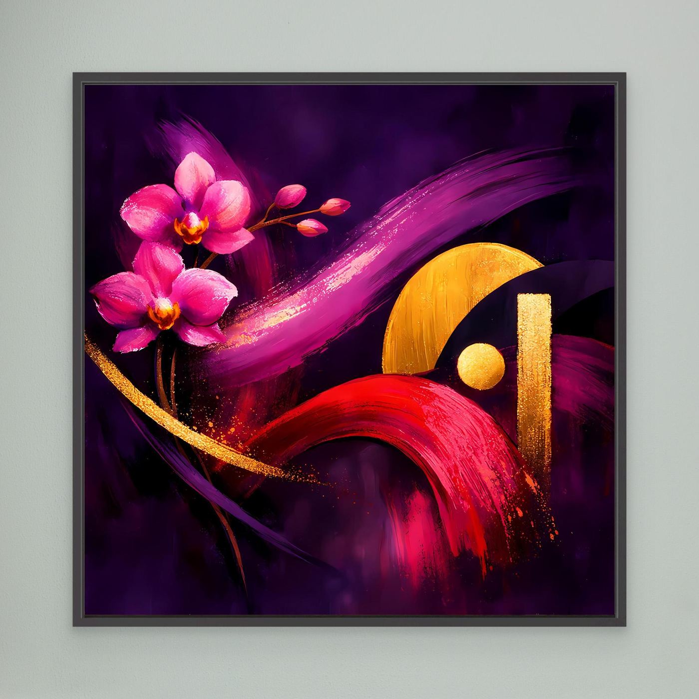 Leinwandbild mit rosa Orchideen und Goldakzenten in dunkellila, im schwarzen Rahmen
