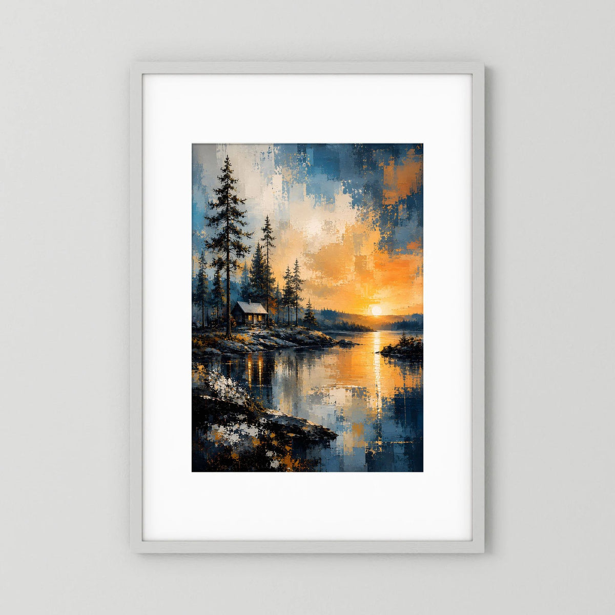 Naturposter Hochformat: abstrakte Waldlandschaft mit Hütte am See, Sonnenaufgang, weißer Rahmen