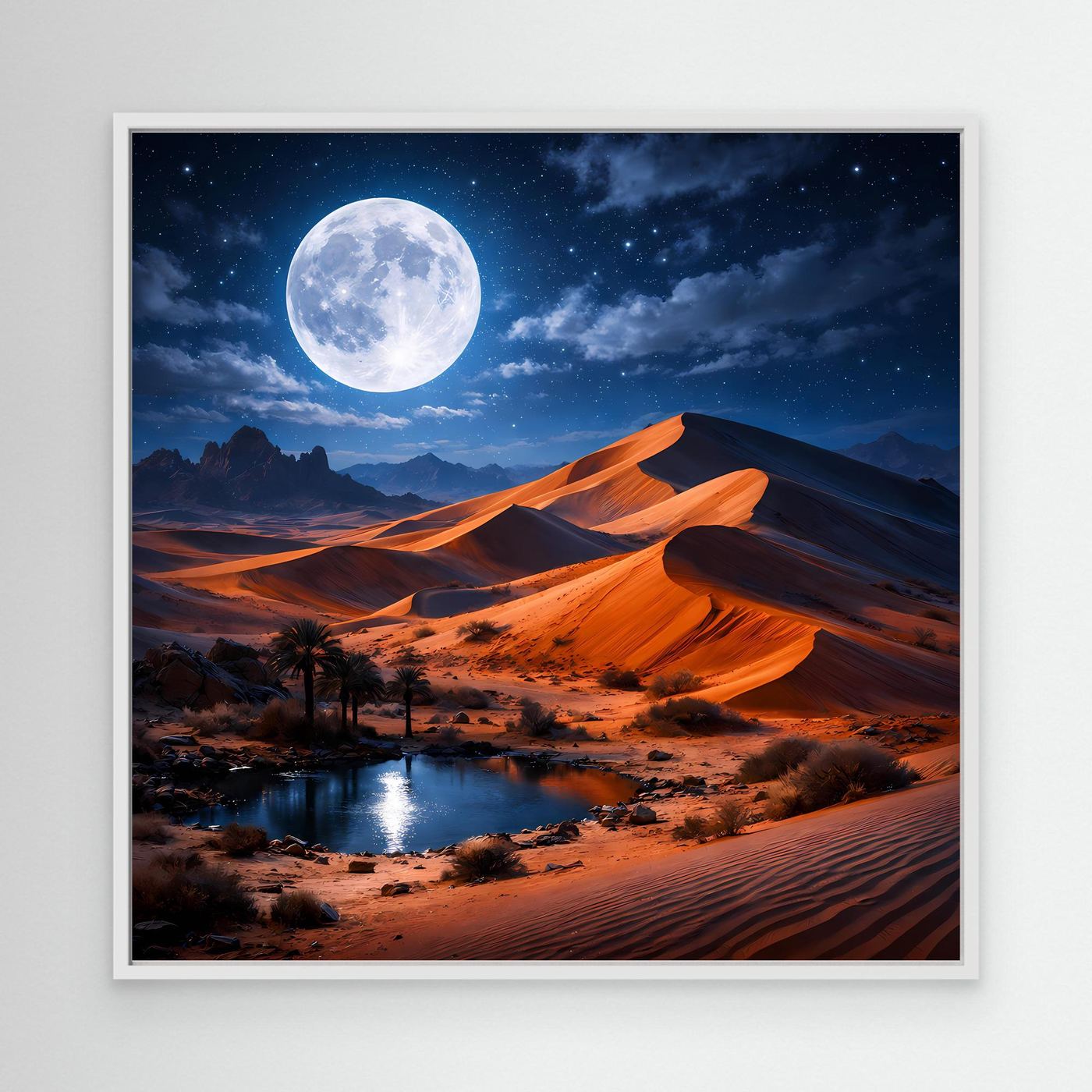 Leinwand-Wandbild mit weißem Rand: Mond über Wüste mit Oase, Dünen und Dünenkamm