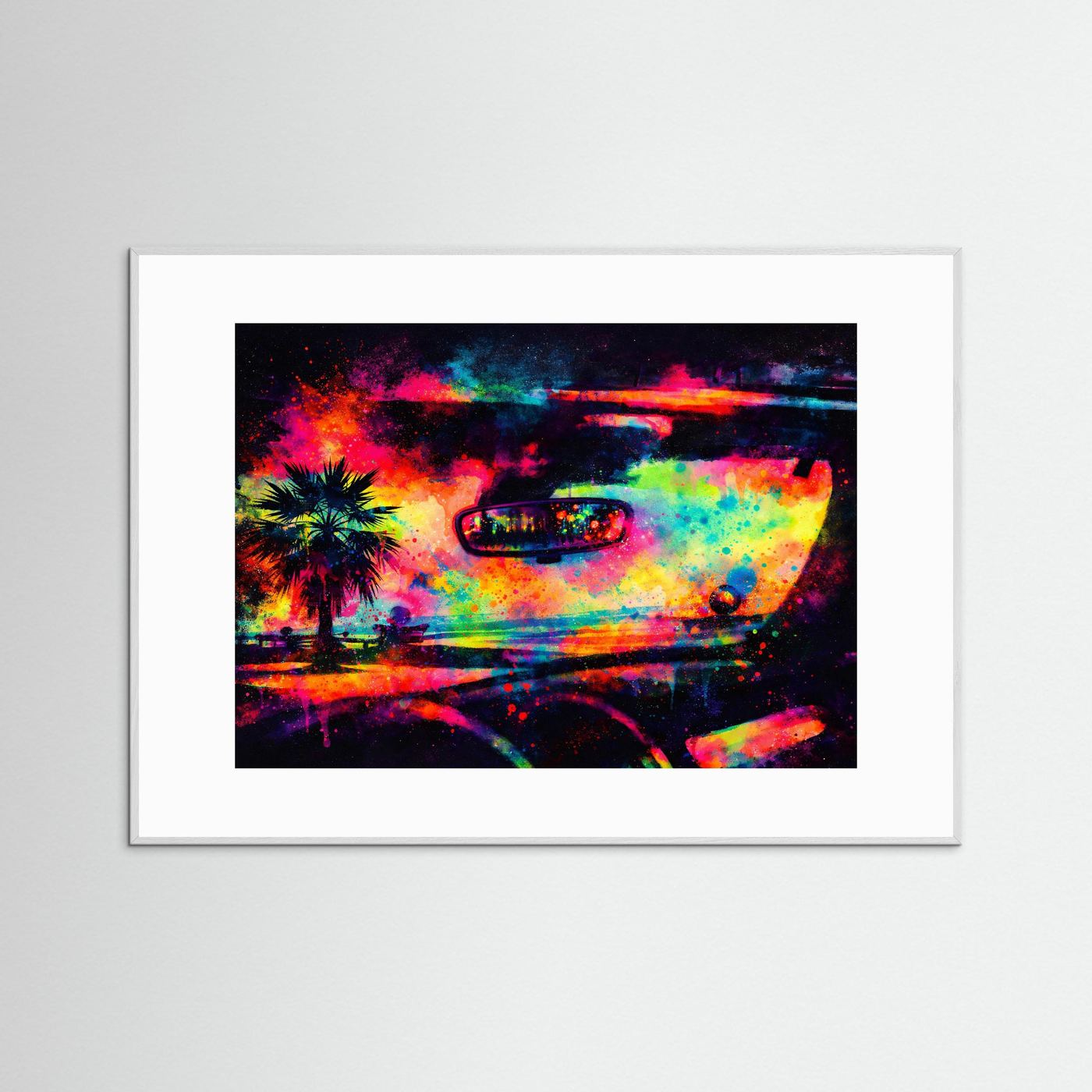 Buntes Buntfeuer-Roadtrip Wandbild | Neon Tropen & Retro Auto Kunst Querformat