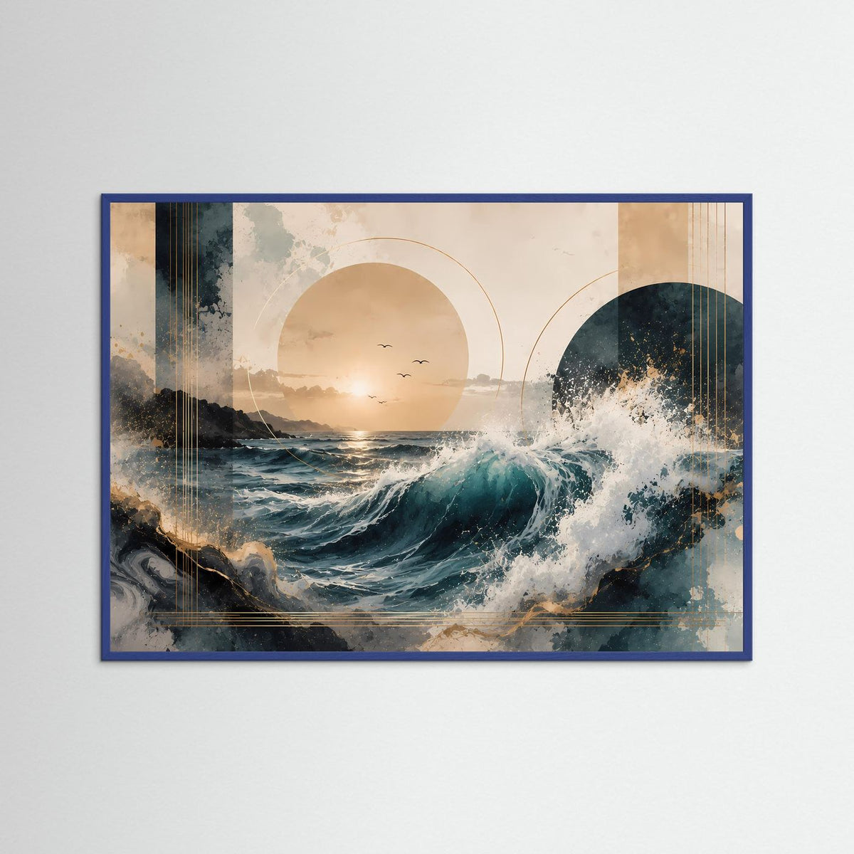 Poster im Querformat mit blauem Rahmen, abstrakte Meerwellen in Blau und Gold.