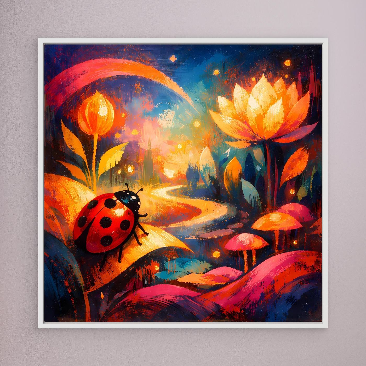 Wandbild mit Marienkäfer auf farbigem Pfad und leuchtenden gelben Blüten, weißer Rahmen