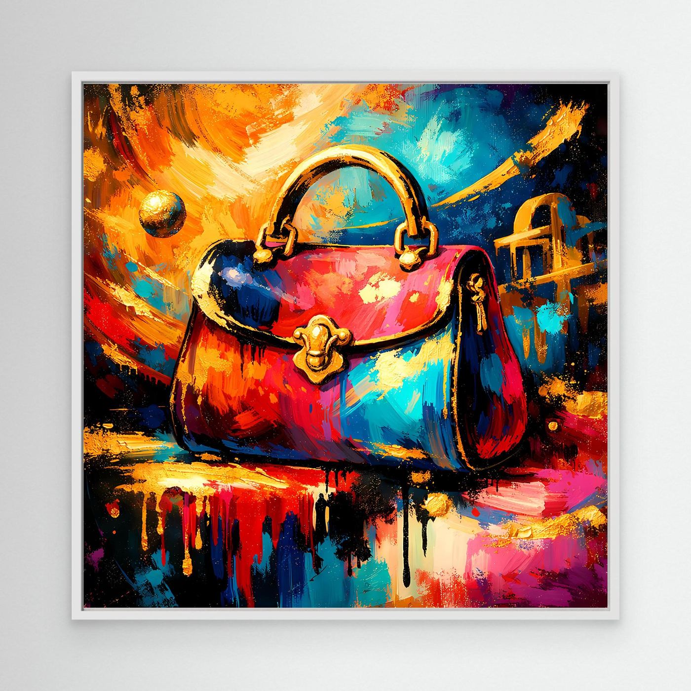 Leinwandbild mit abstrakter Handtasche in Blau und Rot, goldenen Details, im weißen Rahmen